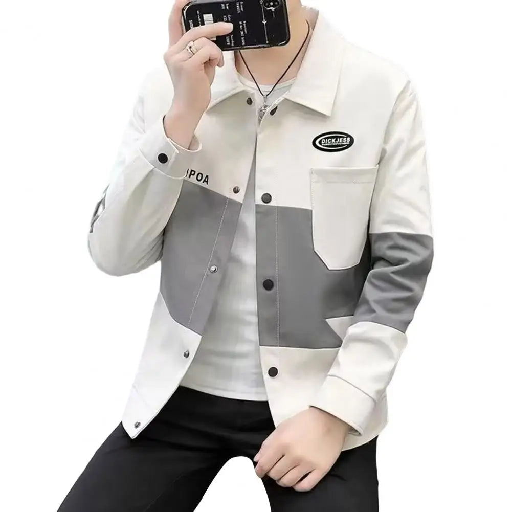 Street Style Men Jacket Letter Decoration Coat Men's Colorblock Cardigan Coat Turn-down Collar Patch Pockets Thick Autumn Coat