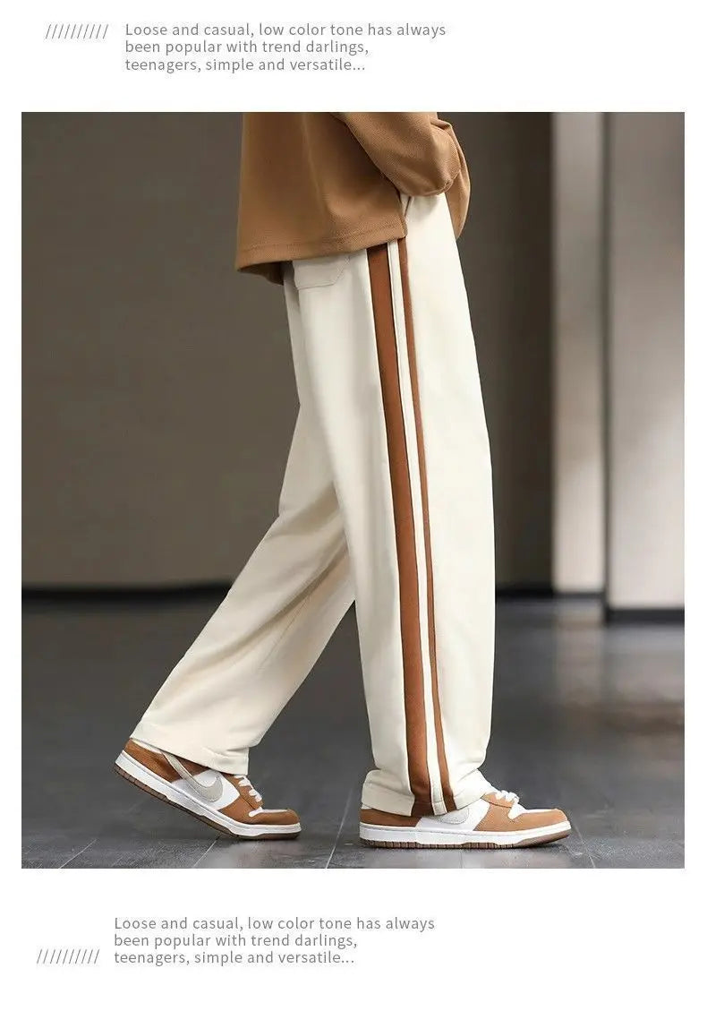 Spring Autumn Elastic Waist Fashion Straight Pants Man High Street Contrast Color Casual Pockets Drawstring All-match Trousers