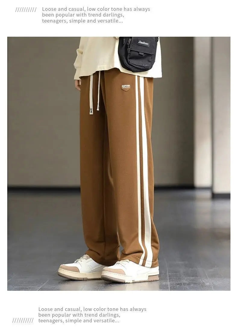 Spring Autumn Elastic Waist Fashion Straight Pants Man High Street Contrast Color Casual Pockets Drawstring All-match Trousers