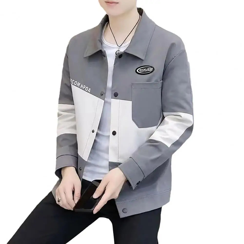 Street Style Men Jacket Letter Decoration Coat Men's Colorblock Cardigan Coat Turn-down Collar Patch Pockets Thick Autumn Coat