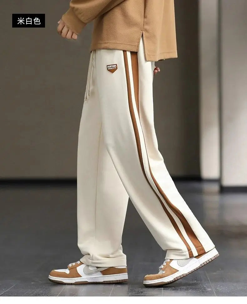 Spring Autumn Elastic Waist Fashion Straight Pants Man High Street Contrast Color Casual Pockets Drawstring All-match Trousers
