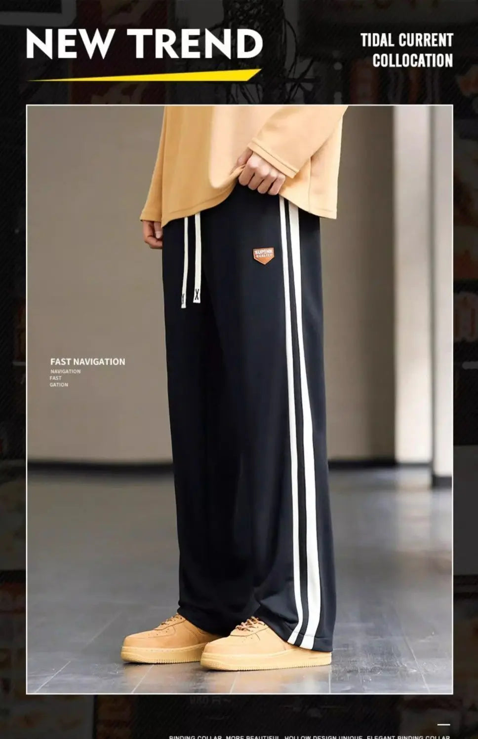 Spring Autumn Elastic Waist Fashion Straight Pants Man High Street Contrast Color Casual Pockets Drawstring All-match Trousers