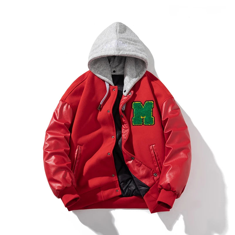 Men Varsity Jacket Winter Women Letter Fashion Baseball Jacket Leather Sleeve Motorcycle Coat Button College Warm Parkas Red
