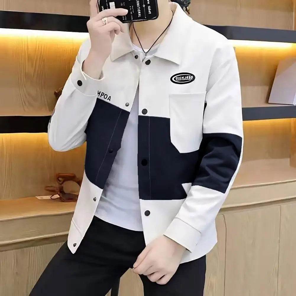 Street Style Men Jacket Letter Decoration Coat Men's Colorblock Cardigan Coat Turn-down Collar Patch Pockets Thick Autumn Coat