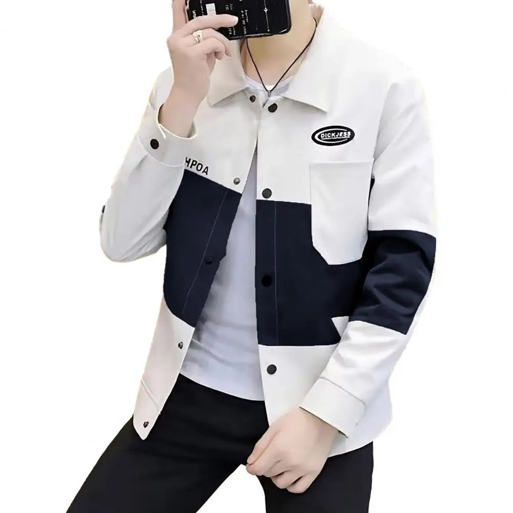 Street Style Men Jacket Letter Decoration Coat Men's Colorblock Cardigan Coat Turn-down Collar Patch Pockets Thick Autumn Coat