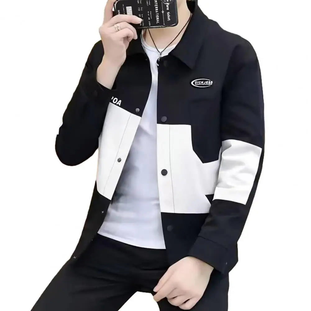 Street Style Men Jacket Letter Decoration Coat Men's Colorblock Cardigan Coat Turn-down Collar Patch Pockets Thick Autumn Coat