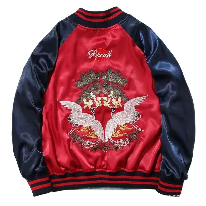 Satin Embroidered Bomber Jacket Men Women Couple Wear Coat Oversize Sukajan Retro Spring Autumn 2025 Z1