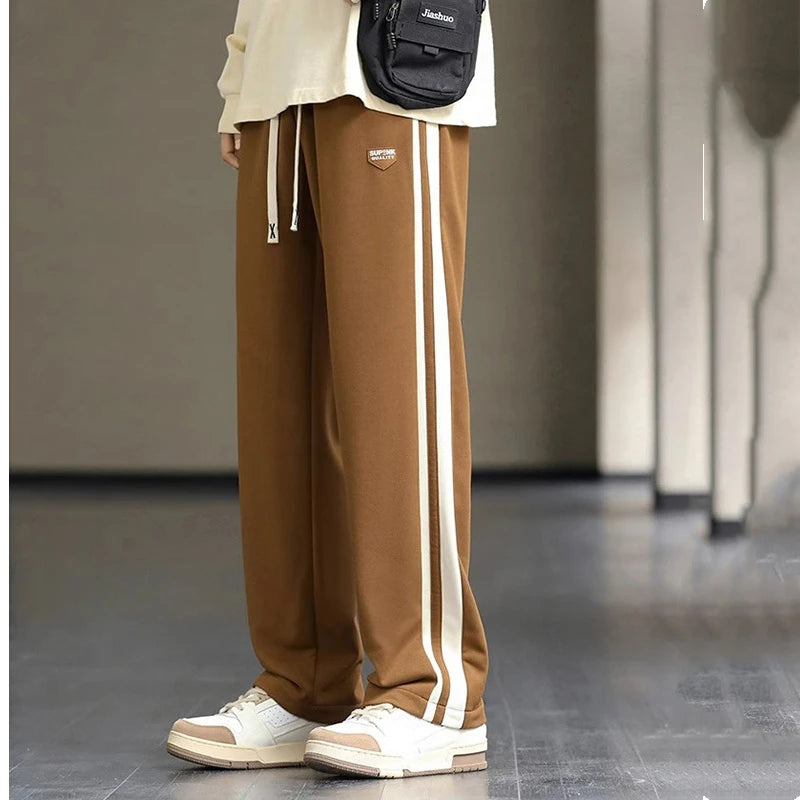 Spring Autumn Elastic Waist Fashion Straight Pants Man High Street Contrast Color Casual Pockets Drawstring All-match Trousers