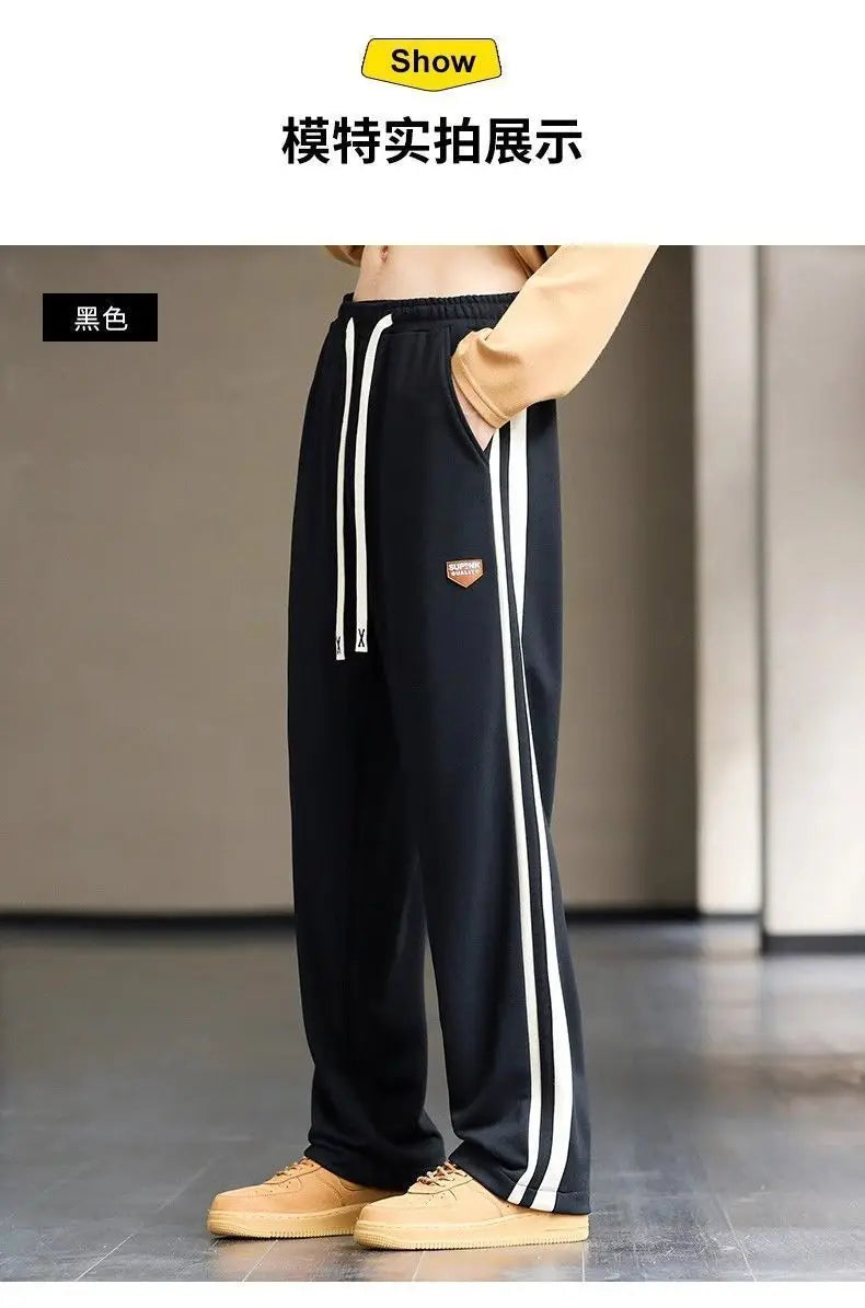 Spring Autumn Elastic Waist Fashion Straight Pants Man High Street Contrast Color Casual Pockets Drawstring All-match Trousers