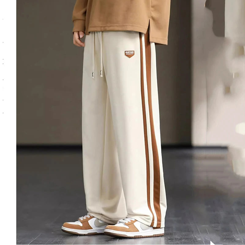 Spring Autumn Elastic Waist Fashion Straight Pants Man High Street Contrast Color Casual Pockets Drawstring All-match Trousers