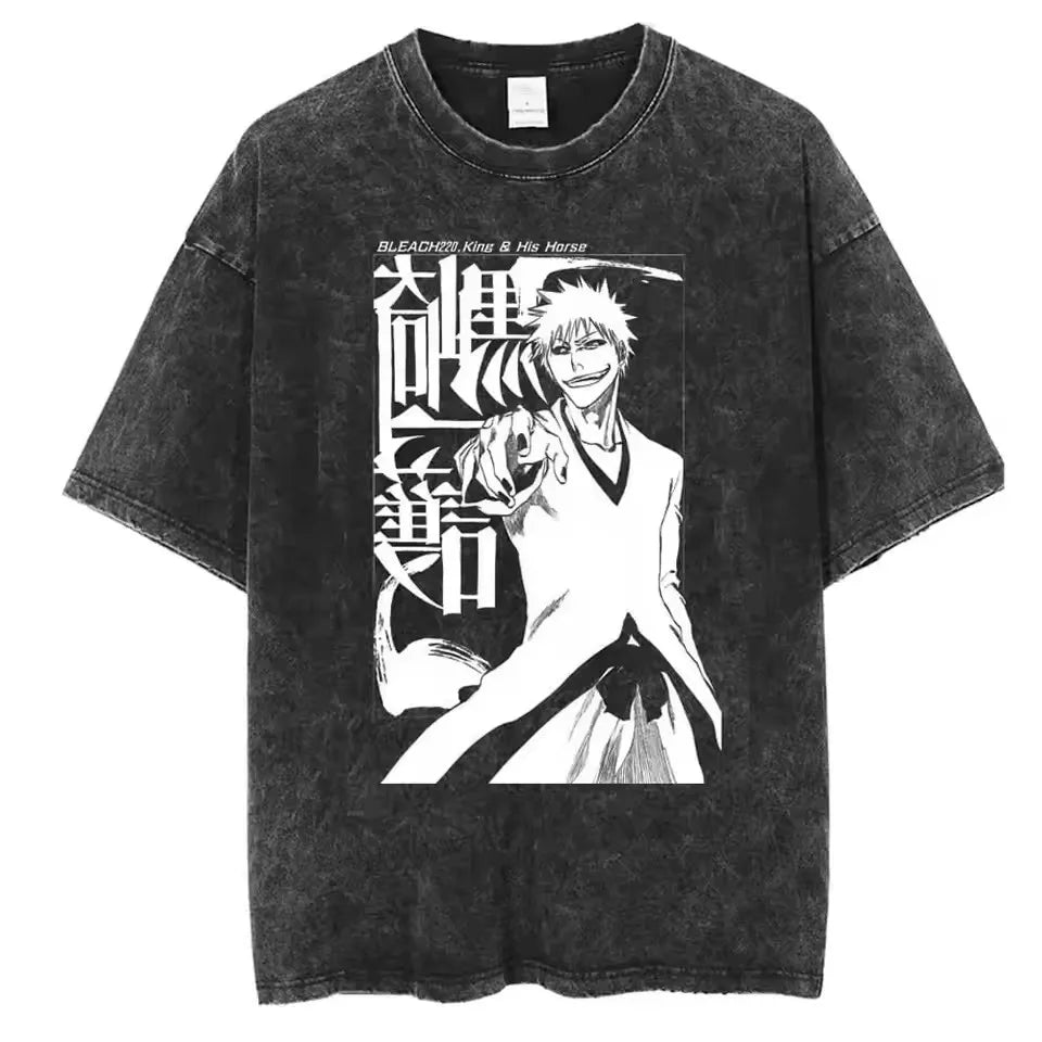 Japan Anime Bleach Zaraki Kenpachi Graphic Printed T Shirt Men Women Manga Tshirts Harajuku High Quality Washed Cotton T-shirt