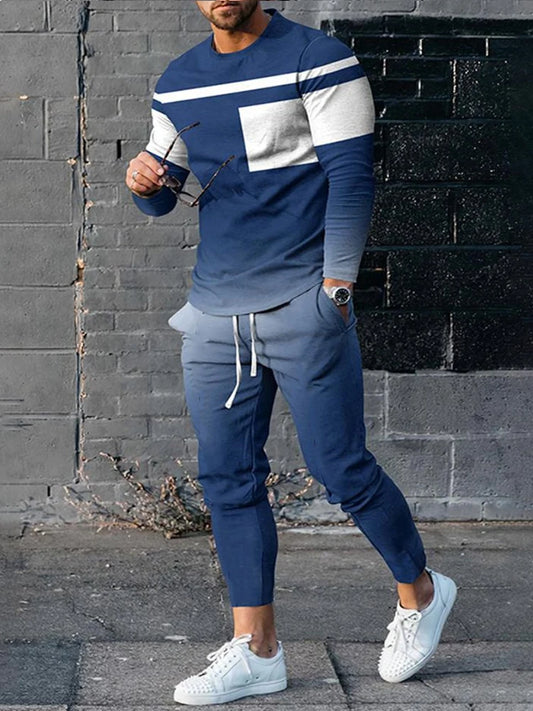 Striped Men's Trousers Tracksuit 2 Piece Set Fashion Sportswear Spring Streetwear Long Sleeve T Shirt Oversized Men Clothing