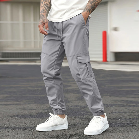 New cargo pants men's drawstring multi-pocket pants leisure sports fashion solid color outdoor leisure sports corset pants